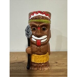 Tiki Soul 7 Inch Hawaiian Mug Warrior Red Tongue Holding Spear Barware Ceramic